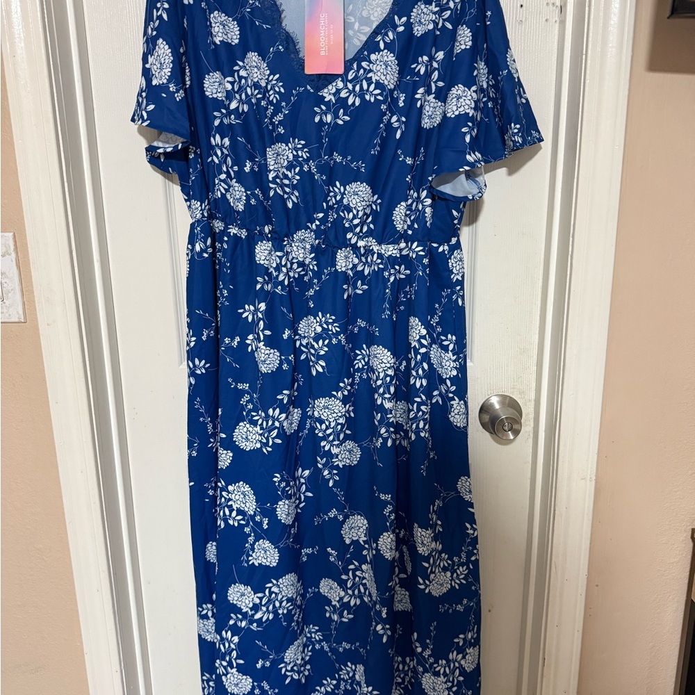 BloomChic Royal Blue Dress with White Floral Design